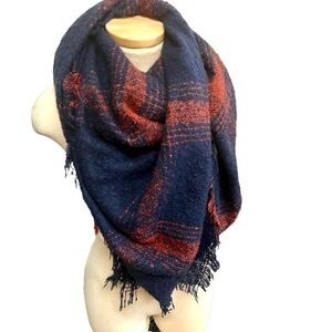 Blanket Scarf fringe navy blue and burnt orange oversized